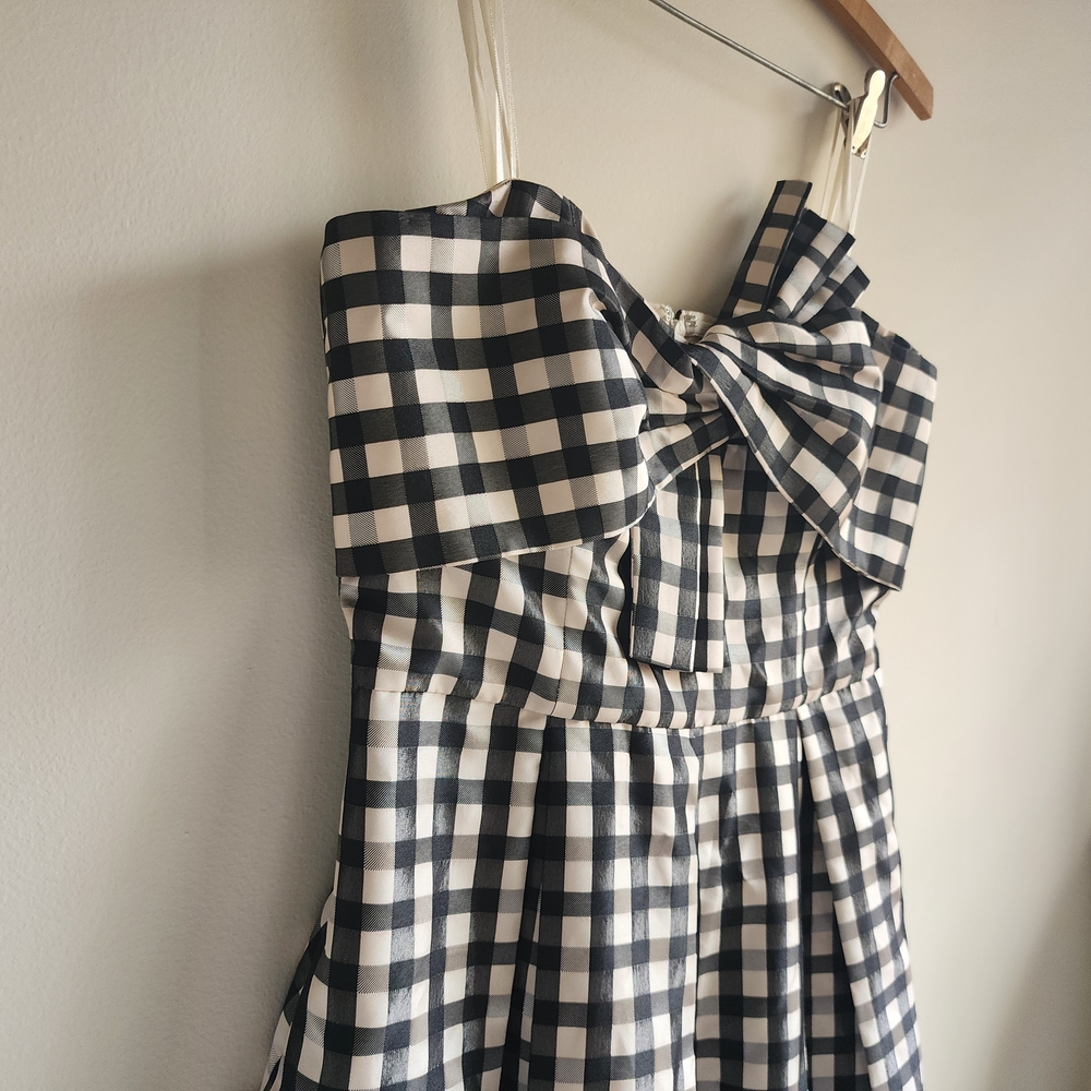 Classic Designer Black & White Gingham Taffeta Dress 1901 Midi Bow Bust Detail 4 - Picture 5 of 11
